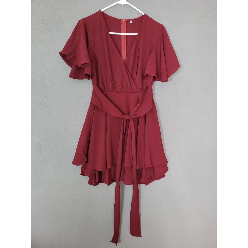 Womens Short Sleeve Dress V-Neck Ruffle Tie Waist Pleated Mini Dress XSMALL